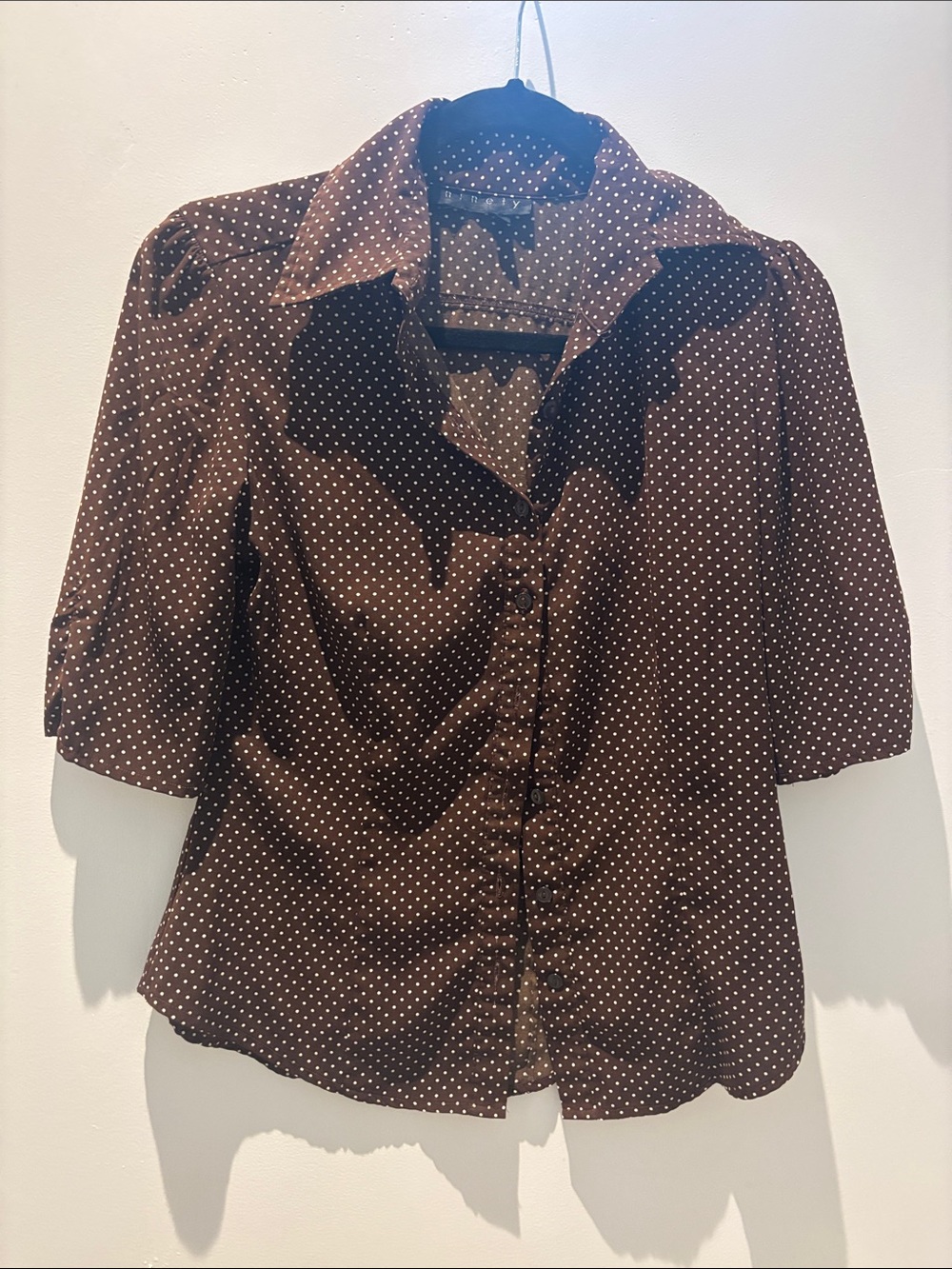 Polka Dot Brown Button-Up Blouse - Women's Top